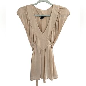 French Connection Silk Top Womens 4 Beige Cream Short Sleeve Tie Back Blouse